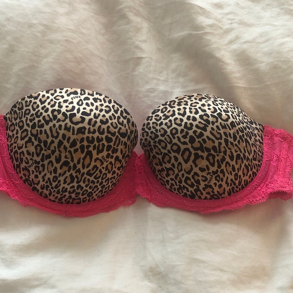 PINK Victoria's Secret Leopard and Pink Lace Strapless Push Up Bra 32C New